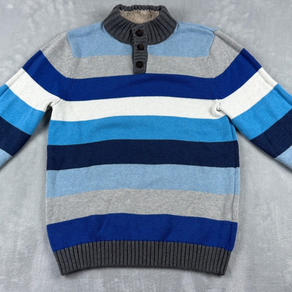 Lands End Boys Blue White Knit Sweater Sherpa Lined Collar Button Neck XL 18-20 - Picture 13 of 14